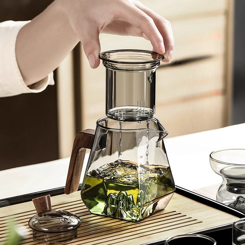 Glass Teapot With Tea-Water Separation, Household Wooden Handle Kung Fu Brewing Teapot, Flower Tea Set, Guanshan Gongdao_voghion.com