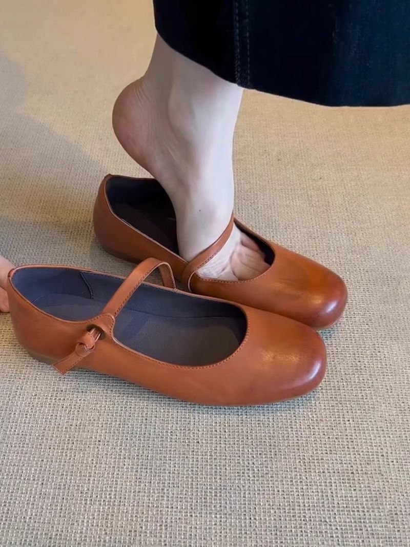 Lancui~ Brown Simple Flat Mary Jane Shoes For Women French Style One Strap Shallow Mouth Versatile Ballet Flats_voghion.com