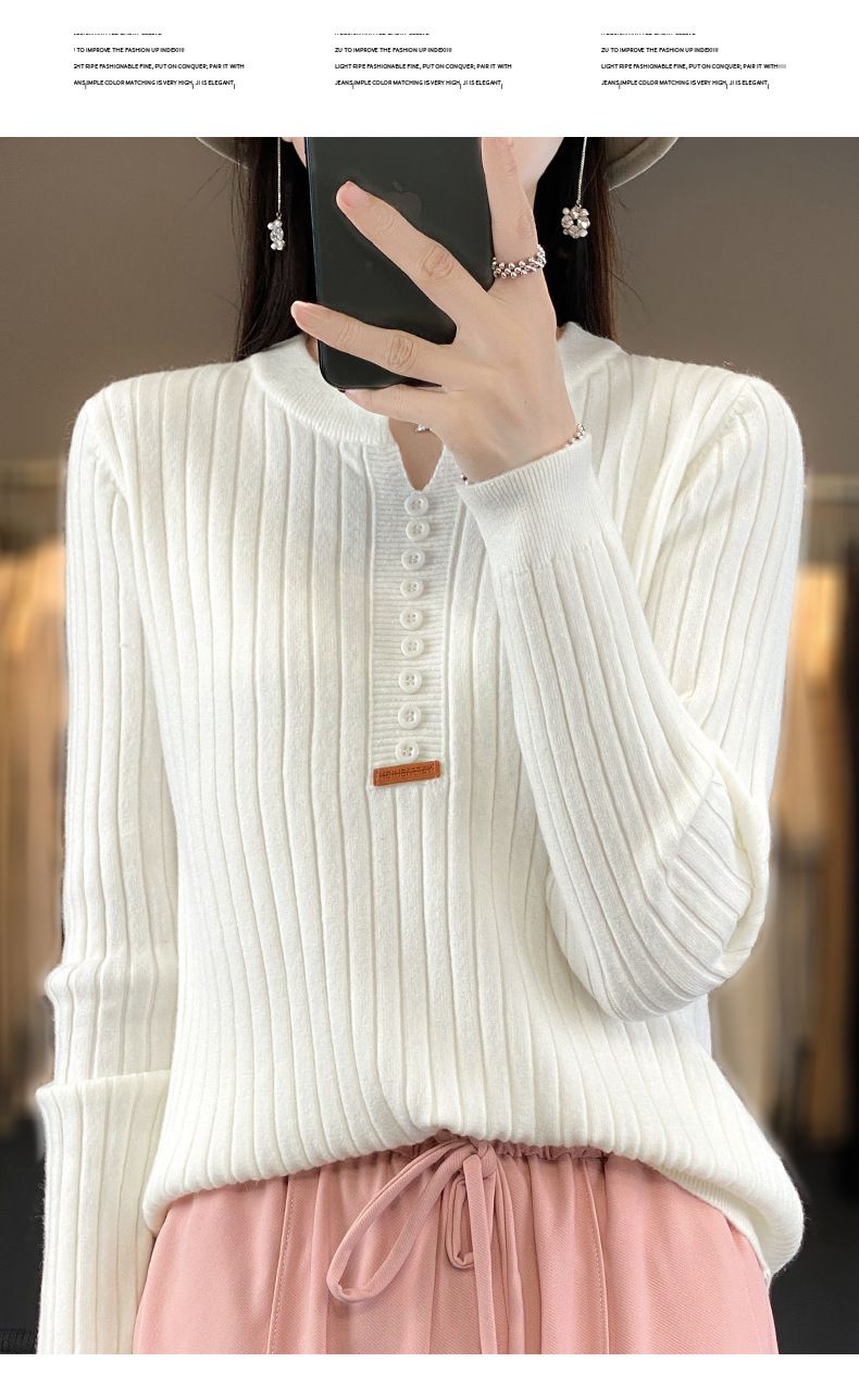 Maglia girocollo con fibbia allacciata, da donna, con scollo a V, vestibilità slim, maglia interna, top lavorato a maglia per l'inizio dell'autunno_voghion.com