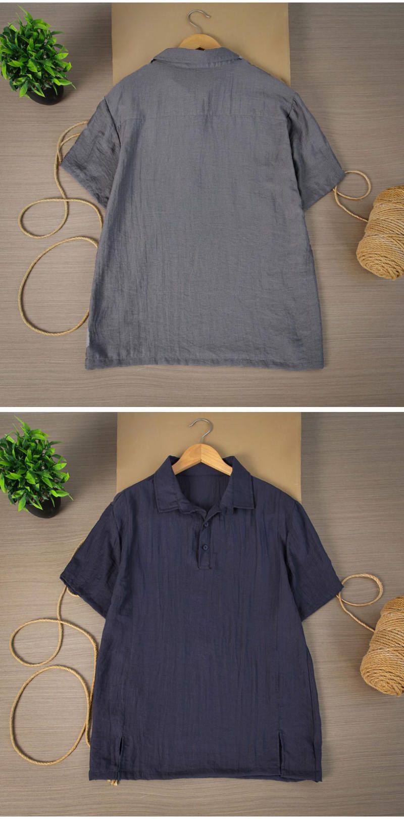 Camicia da uomo in lino traspirante a maniche corte, vestibilità comoda, leggera, versatile, classica, con ricamo a righe | Bianco, grigio, cachi, blu navy_voghion.com