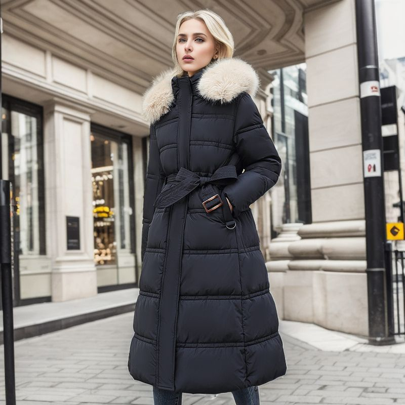 Slim Big Wool Collar Lengthened Clothing Women's Long Knee Belt Cotton Coat_voghion.com