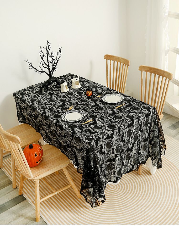 Schwarze Halloween-Spitzentischdecke – Gothic-Spinnennetz-Netzstoff (120 x 180 cm) | Spukhaus-Dekoration, Hexenparty, Horror-Themen-Dekoration_voghion.com