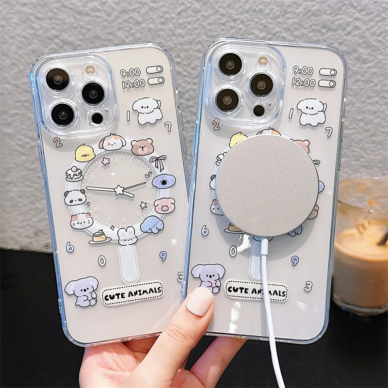 Cute Cartoon Animal Dog Cat Clear Phone Case For IPhone 11 12 13 14 15 16 Pro Max Plus Wireless Charging Magnetic Cover_voghion.com