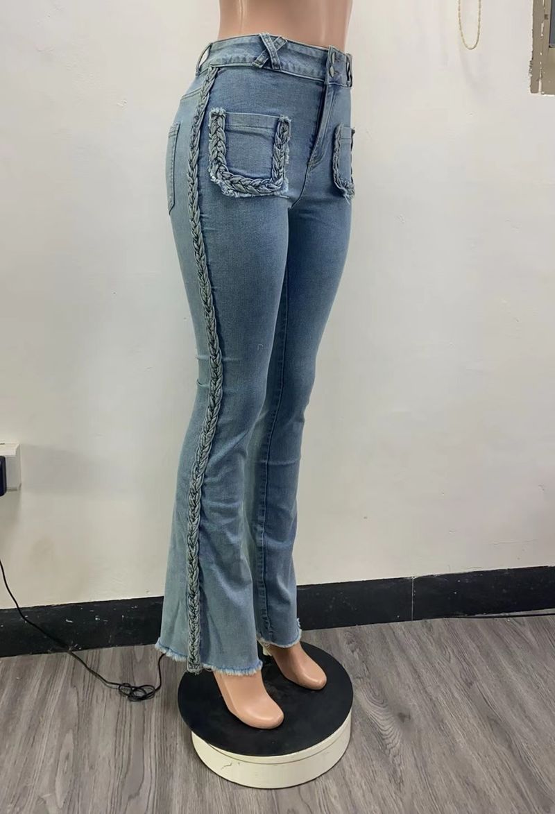 Pantaloni a zampa elastici in denim con vita alta, versatili e aderenti, alla moda, da donna_voghion.com