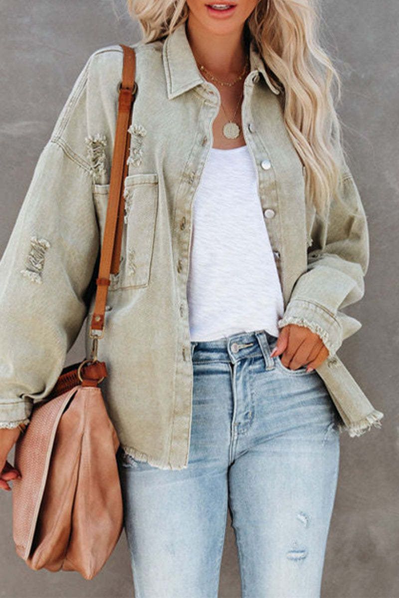 Oversize-Jeansjacke für Damen – Lässiger, langärmliger Distressed-Mantel in Unifarben_voghion.com