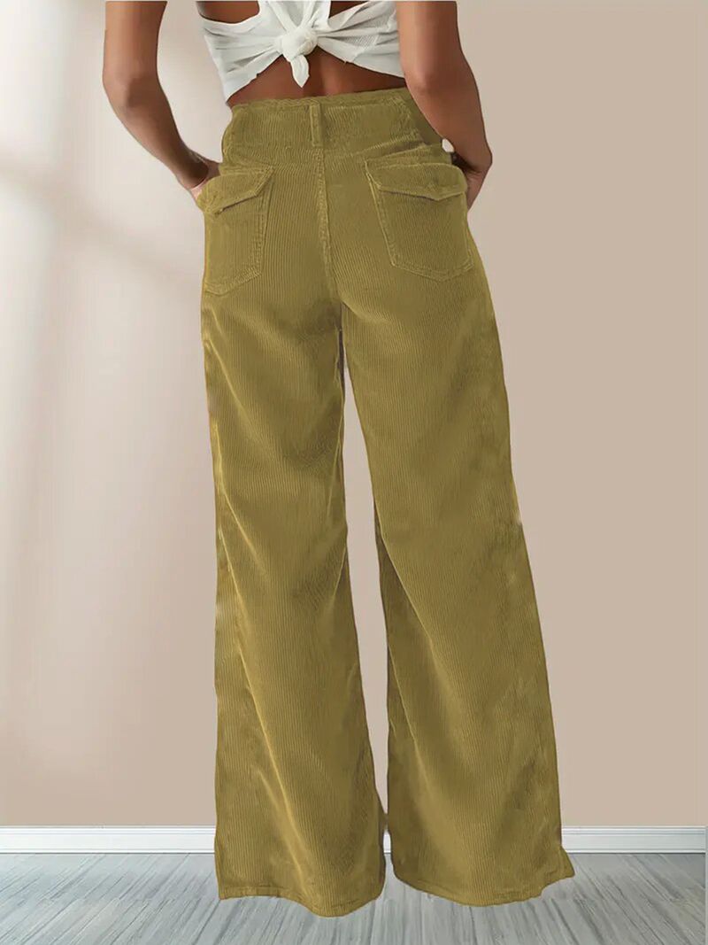 Women's High-waisted Straight Leg Pants - Stretch Corduroy Trousers For Casual & Office Wear, Slim Fit With Flowy Drape (Black, Yellow, Coffee, Blue)_voghion.com