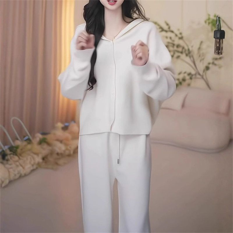 Fashionable Youthful Casual Loose Sweater Cardigan Autumn Winter New Knitted Wide-Leg Pants Two-Piece Set For Women_voghion.com