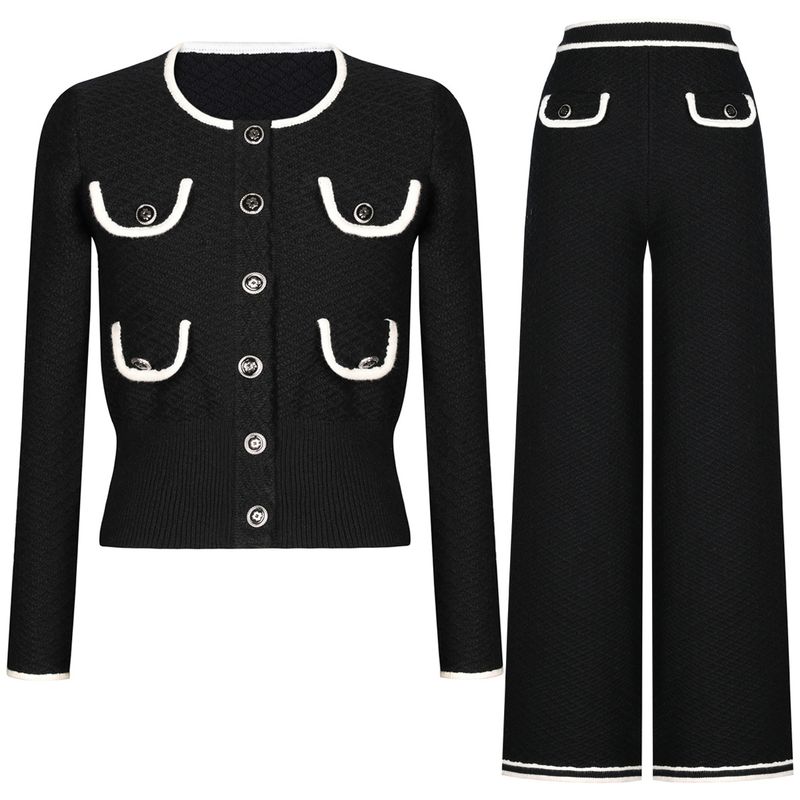 Luxury Knit Suit Set – Elegant Long Sleeve Cardigan & Straight Leg Pants (Black/Pink/White, Sizes S-XL)_voghion.com