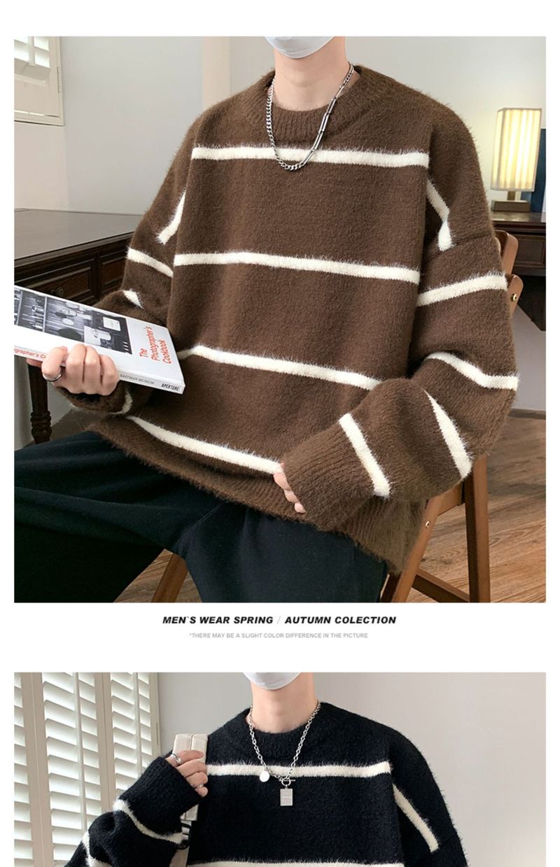 Loose Knitted Striped Lazy Style Spring Autumn New Unisex 2025 Base Layer Sweater Plus Size_voghion.com