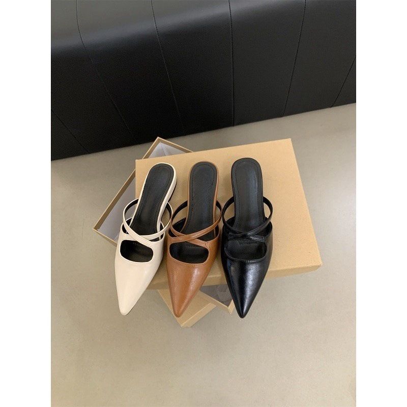 Mules basse da donna in morbida pelle con punta a punta, stile francese, per l'abbigliamento estivo all'aperto_voghion.com