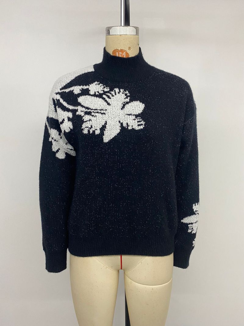Damen-Halbrollkragenpullover aus Jacquard mit Blumenmuster – Schwarz-Weiß-Kontrastdesign, lockere Passform, bequeme Acrylmischung, langärmlige Freizeitstrickware_voghion.com