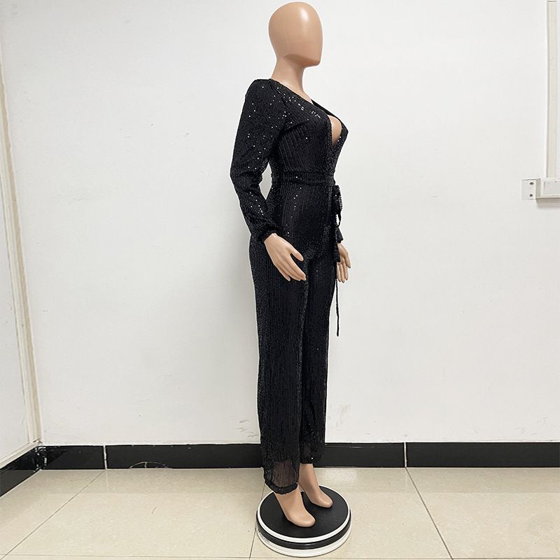 Damkläder Ins Style Deep V Mode Casual Jumpsuit Långärmat Bälte Paljett Jumpsuit Dam_voghion.com