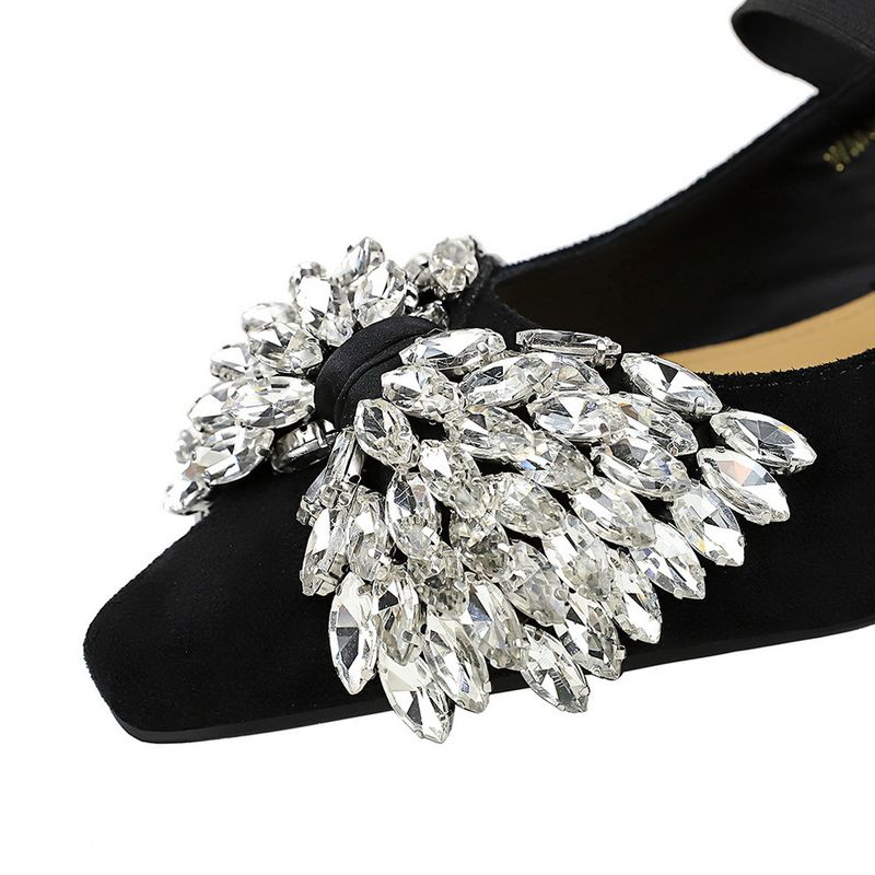 Light Luxury Elastic Band One-pedal Low-heeled Women's Single Shoes Dazzling Rhinestone Bow Wedge-heeled Women's Shoes_voghion.com
