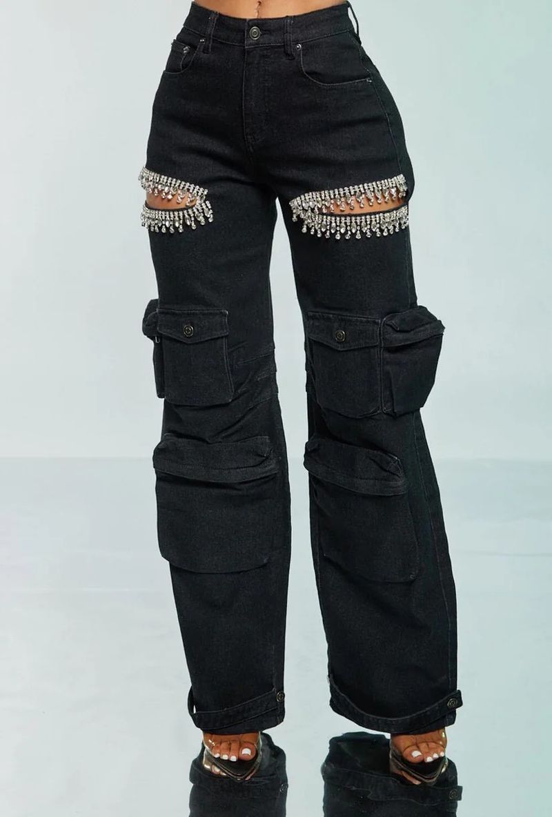 Damenbekleidung Hollow Diamond Overalls Stretch-Jeans mit mehreren Taschen für Damen_voghion.com