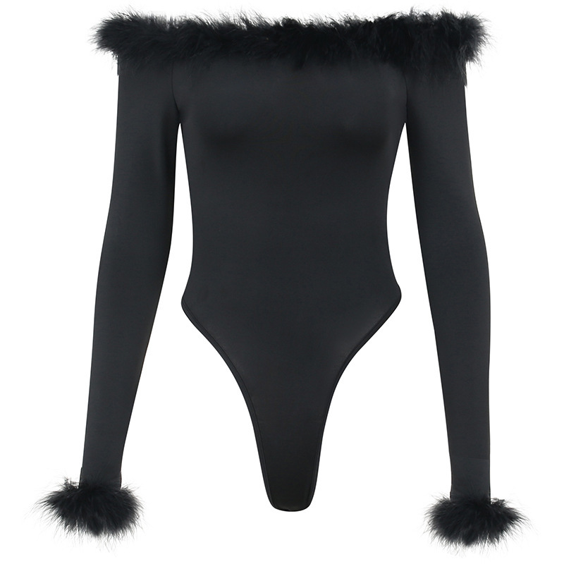 Combinaisons à manches longues en fourrure pour femmes, asymétrique épaule dénudée, hauts à manches longues pour filles, femmes_voghion.com