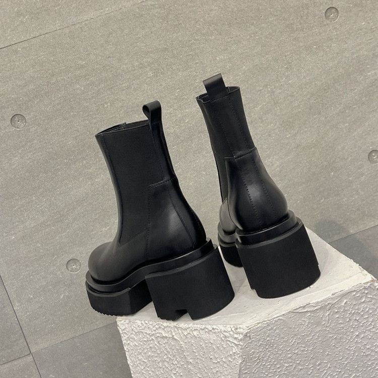 High End Quality 2024 Thick Sole Sleeve New Women's Leather Height Increasing And Slimming Martin High Heels Short_voghion.com