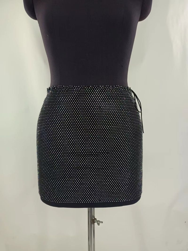 Sexy rhinestone inset diamond cloth hanging neck wrap chest top stitching skirt suit_voghion.com