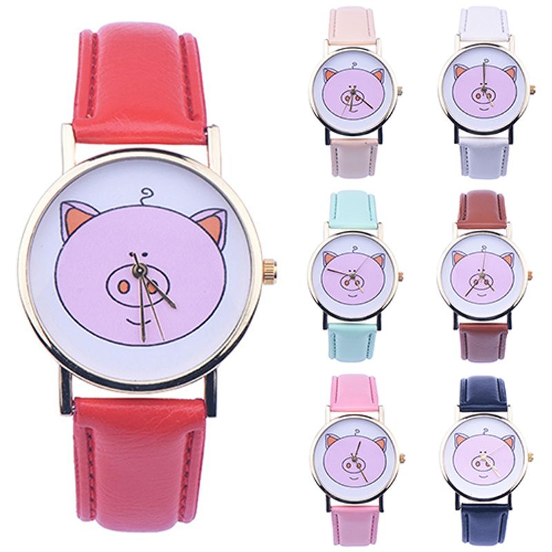 Yamaler Women Cute Pig Pattern Faux Leather Band Analog Quartz Fashion Wrist Watches_voghion.com