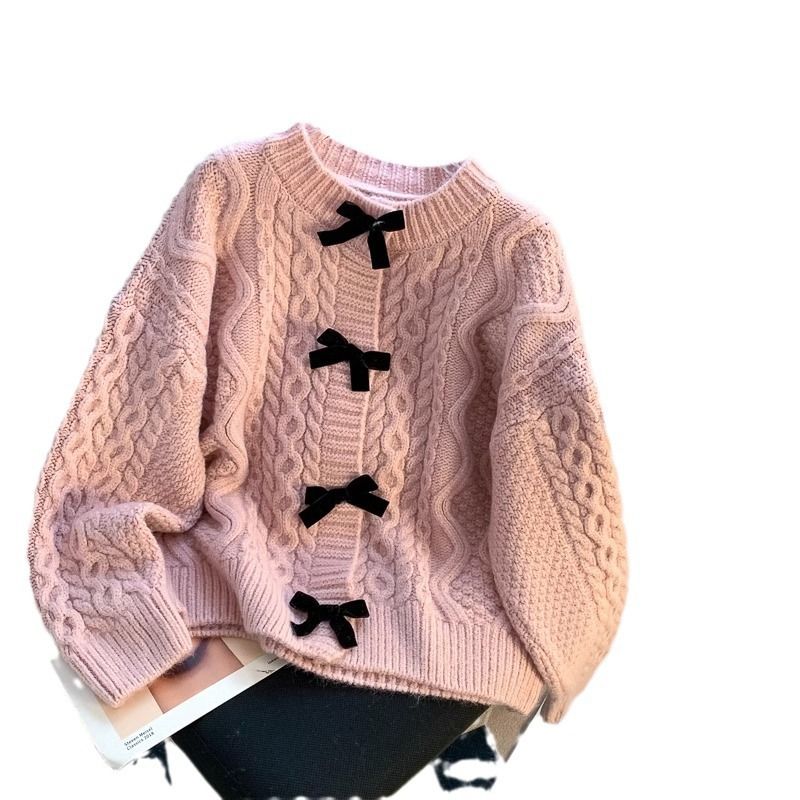 Oversized Cardigan Sweet Bow Tie Wool Sweater Women Autumn New Loose Twist Knit Cardigan Retro Fashion Solid Knitwear Coat_voghion.com