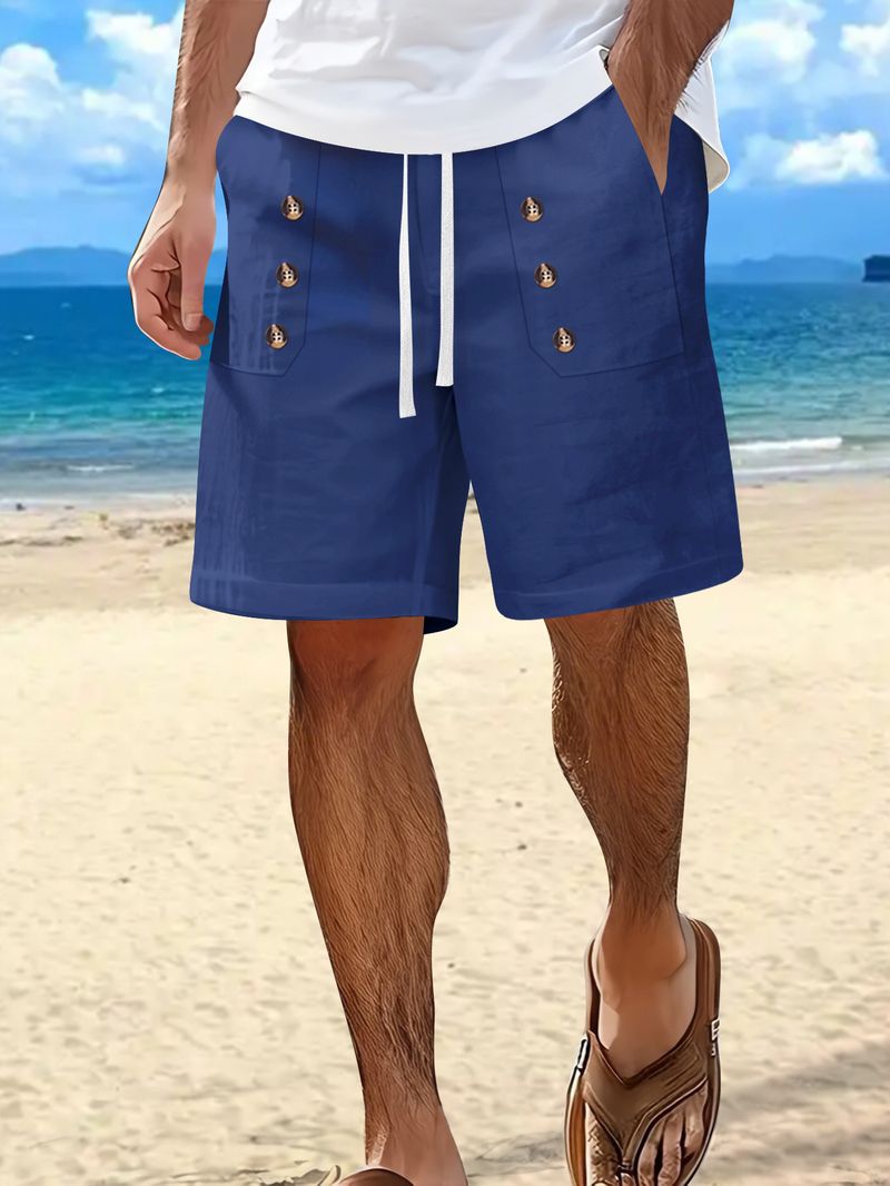 Pantaloncini estivi da uomo in cotone e lino, casual americani, larghi e dritti, con bottoni_voghion.com
