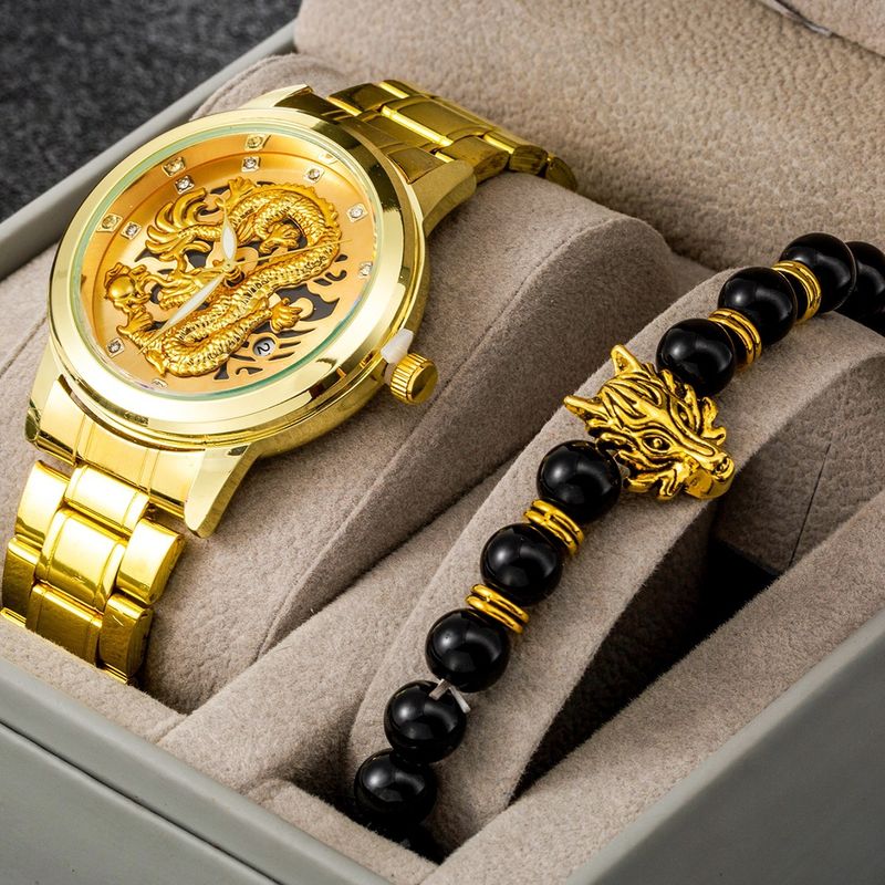 Montre homme montre non mécanique montre homme ultra fine montre de rue calendrier dragon doré ensemble de bracelet polyvalent de luxe_voghion.com