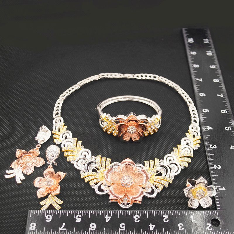 Dubai Diamond Real Gold Plated Necklace Earrings Bracelet Ring Alloy Jewelry Set_voghion.com