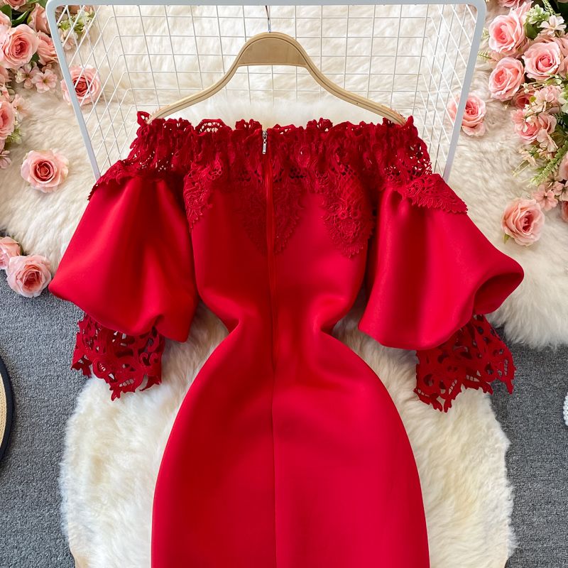 Îmbrăcăminte pentru femei Umăr retro lanternă rochie expusă rochie cu talie fustă înfășurată rochie cu o mânecă rochie rochie roșie antică cu guler cu fustă lungă_voghion.com