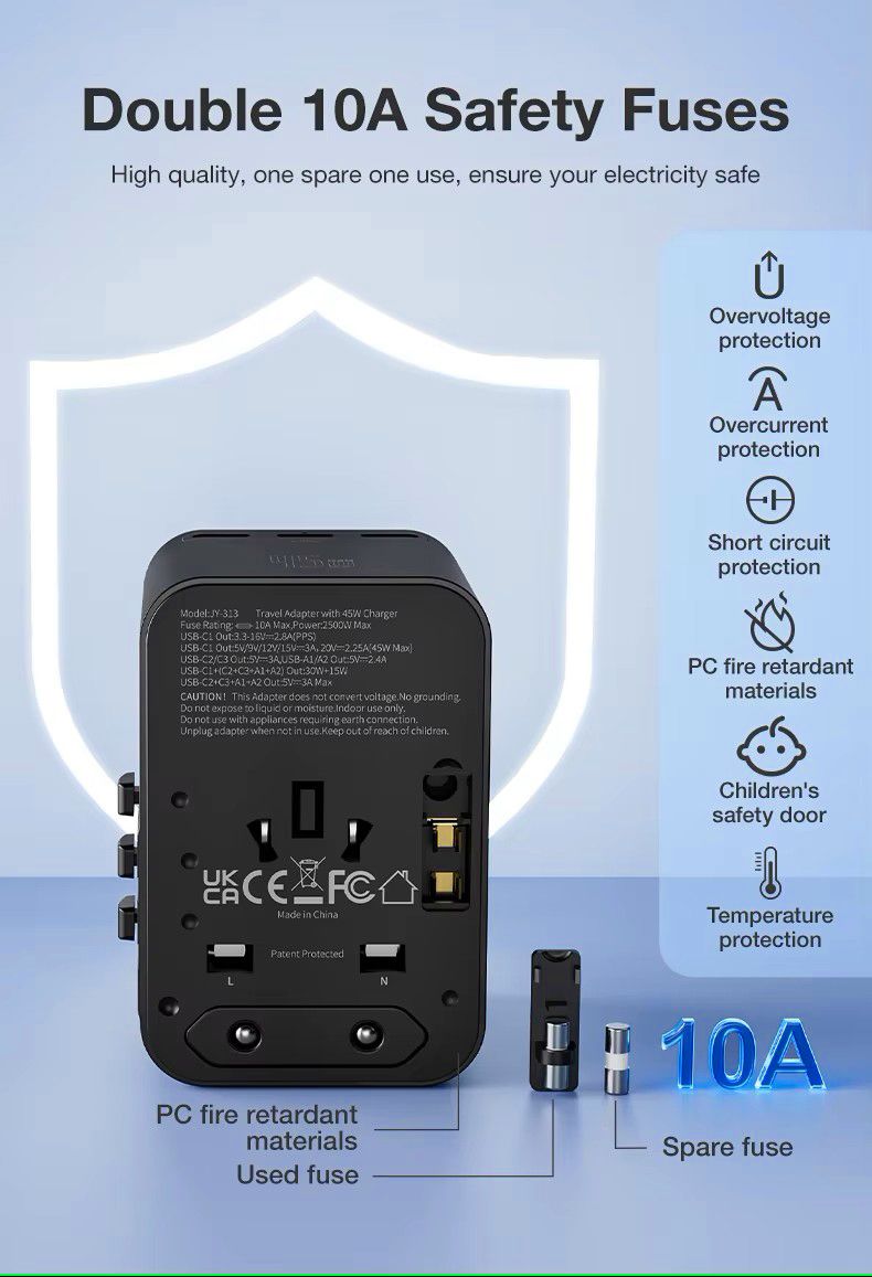 Universaladapter mit 3 Typ-C 2 USB 45W Schnelllade-All-in-One-Ladegerät EU/UK/USA/AUS Reisesteckdose_voghion.com