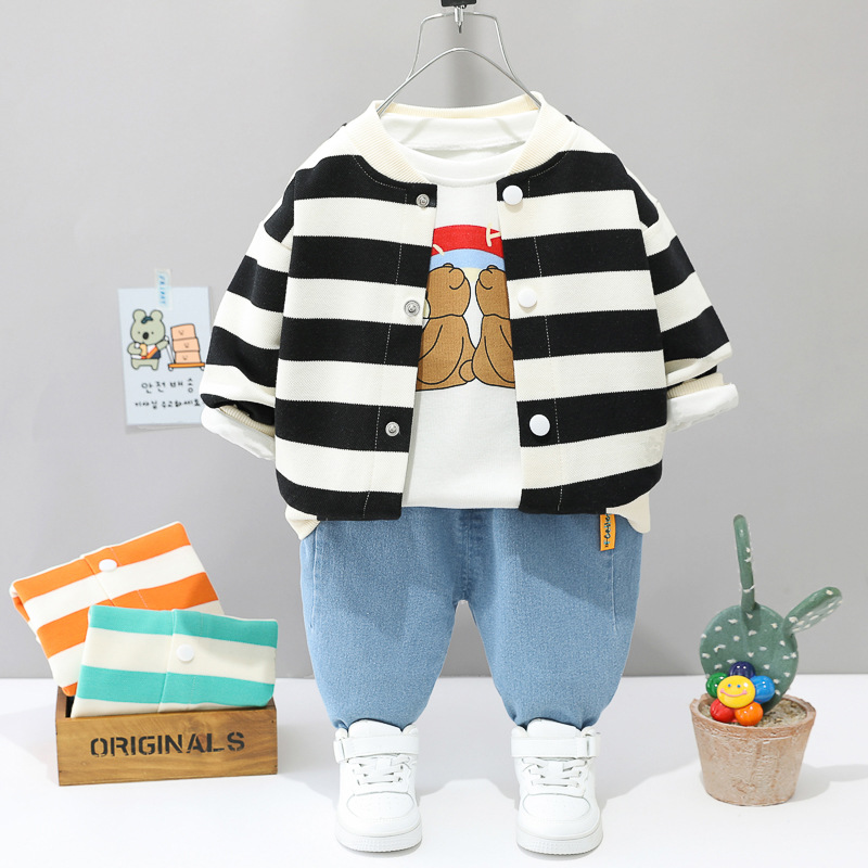 T-shirt in cotone per bambini con giacca cardigan a righe di piccole e medie dimensioni da 1 a 5 anni primaverile monopetto_voghion.com