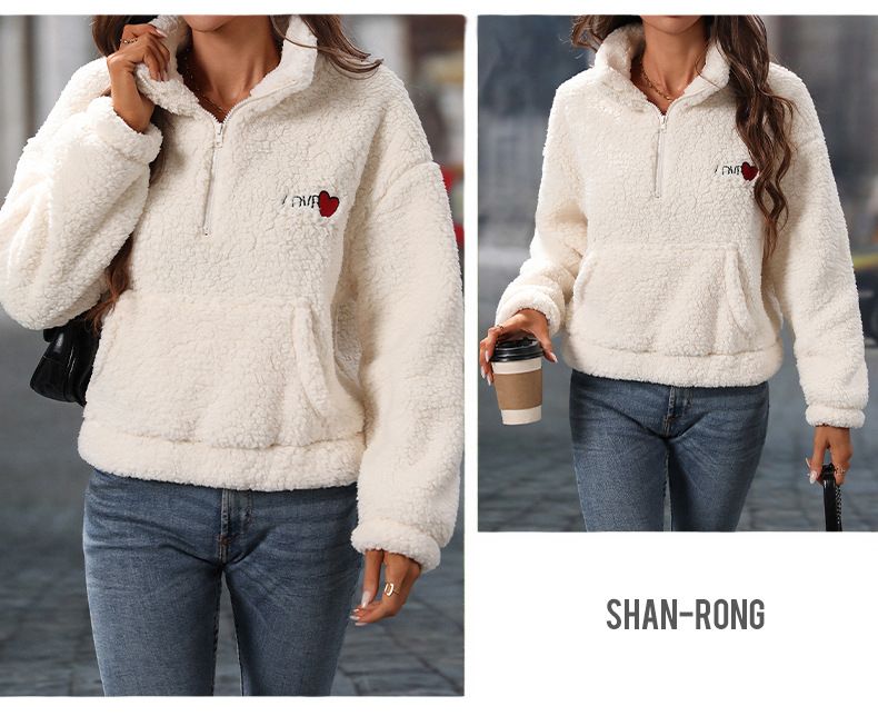 Women's Clothing Flash velvet 2024 women's new autumn and winter plush long sleeved loose half zip stand up collar pullover sweatshirt_voghion.com
