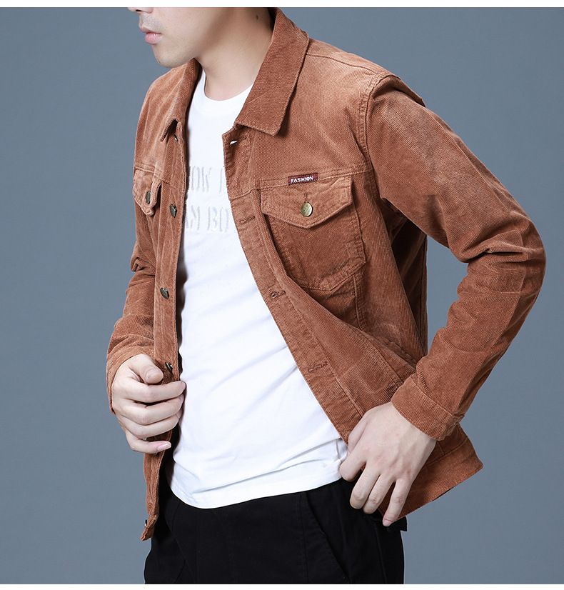 Giacca da uomo con risvolto in velluto a coste slim fit casual tinta unita versione coreana primavera e autunno 2025_voghion.com