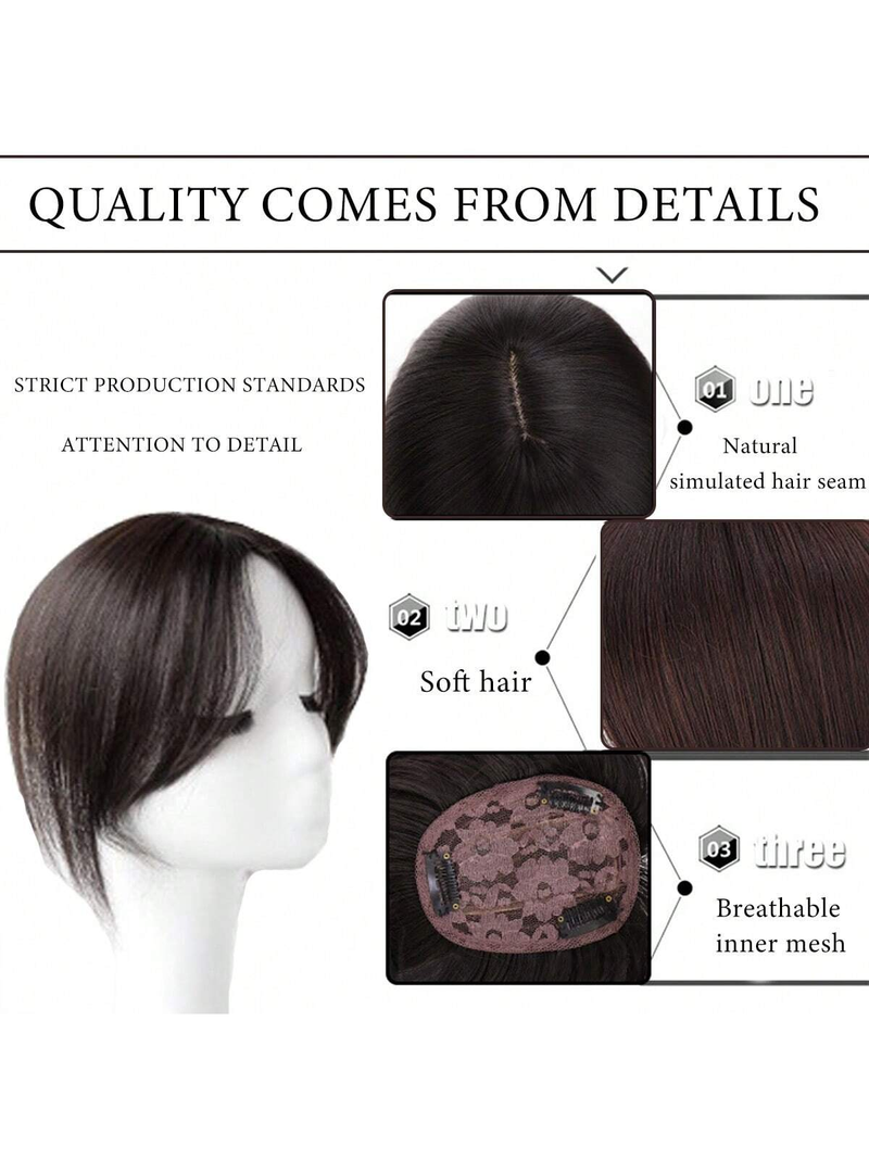 Toppa per parrucca con frangia nera, frangia finta sulla fronte naturale, toppa per capelli con spacco centrale sulla parte superiore_voghion.com