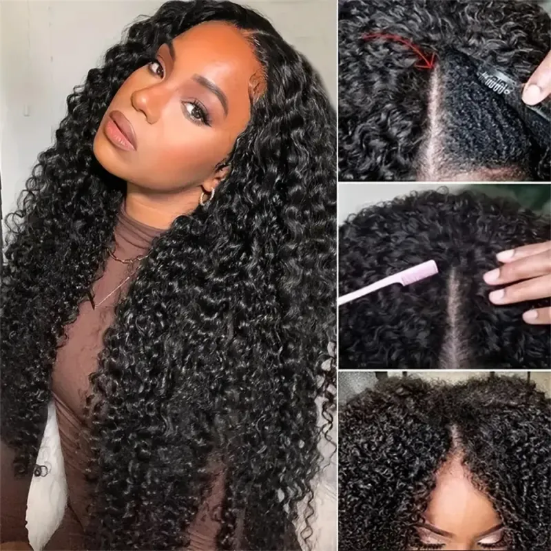Pelucas de cabello peruano rizado con ondas al agua, densidad 180, con parte en V, color natural, hechas a máquina para mujeres_voghion.com