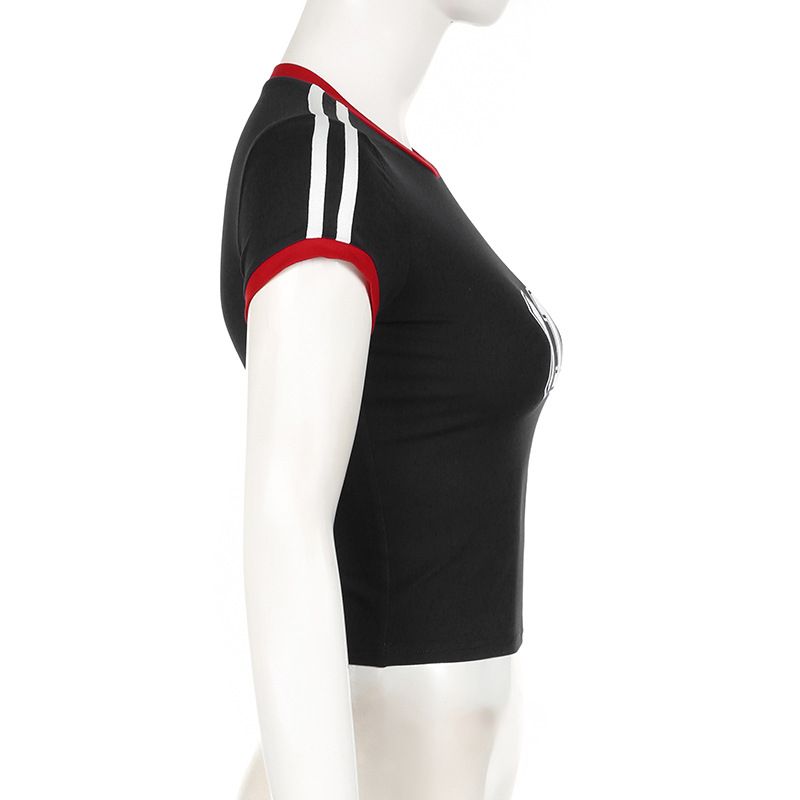 T-shirt da donna in stile retrò americano, vestibilità slim, girocollo, manica lunga, stampa a righe – Tessuto in maglia confortevole con design a blocchi di colore_voghion.com