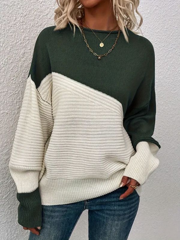 Women's Sweater Casual Loose Knitwear Color Matching Long Sleeve Round Neck Knitted Top_voghion.com