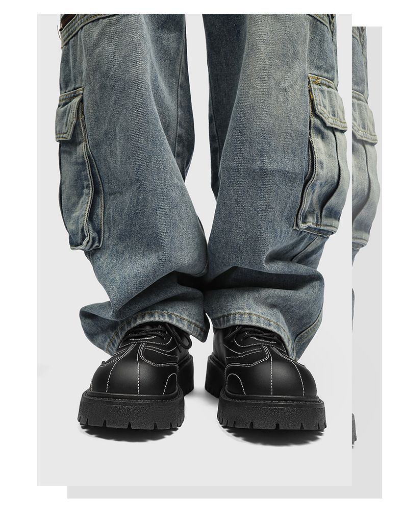 Men's Black Casual Derby Shoes With Round Toe & Thick Sole For Height Increase – Stylish & Comfortable Low-Top Shoes_voghion.com