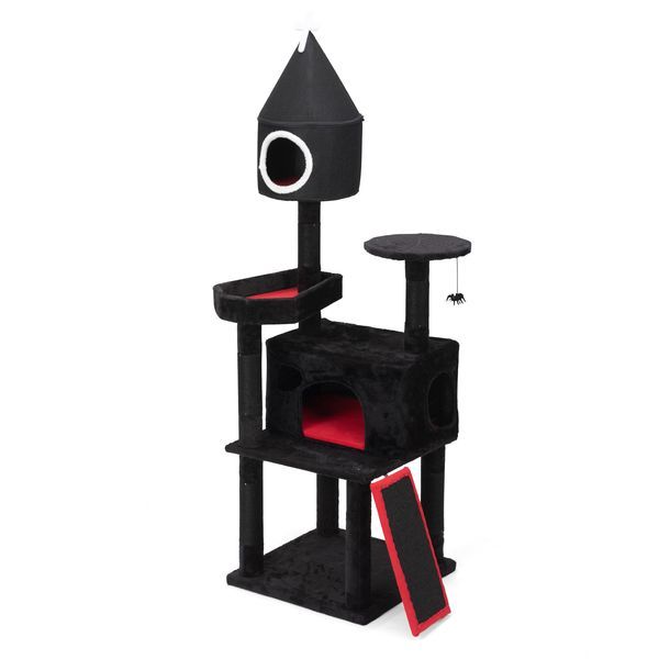 Gothic Cat Tree With Coffin Bed, 64in Black Cat Tower With Condo, Platform, Sisal Scratching Posts, Perch, Ramp, Toy, Cat Furniture, Cat House For I_voghion.com