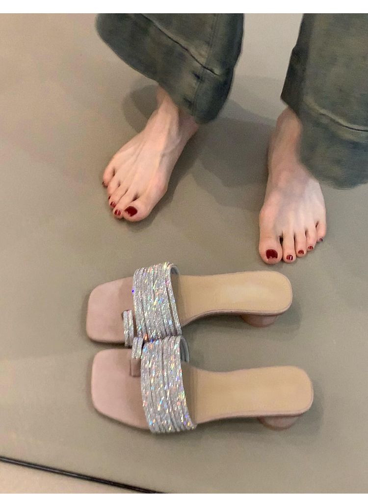 Lan Cabinet Edition ~ French Rhinestone Open-Toe Sandals For Women, Elegant And Gentle, Open Toe Square Head Slippers,_voghion.com
