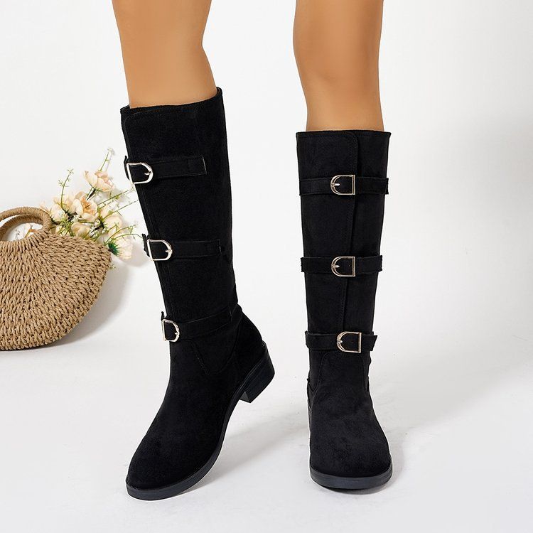 Bottes hautes à talon épais pour femme, mollet large, avec boucle et effet froissé - Daim souple et cuir véritable - Bottes à bout rond et talon mi-haut_voghion.com