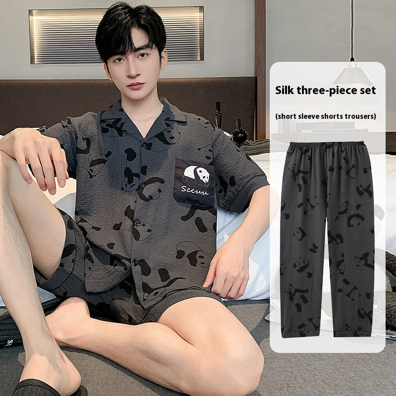 Pijamale bărbătești din mătase, cu mâneci scurte, design subțire, pentru adolescenți, în mărimi mari, set de vară simplu și casual pentru bărbați._voghion.com