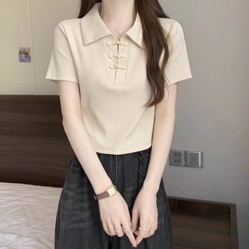 New buckle Chinese style sleeved T-shirt for women in summer 2024, covering the belly and showing off thinness, short_voghion.com