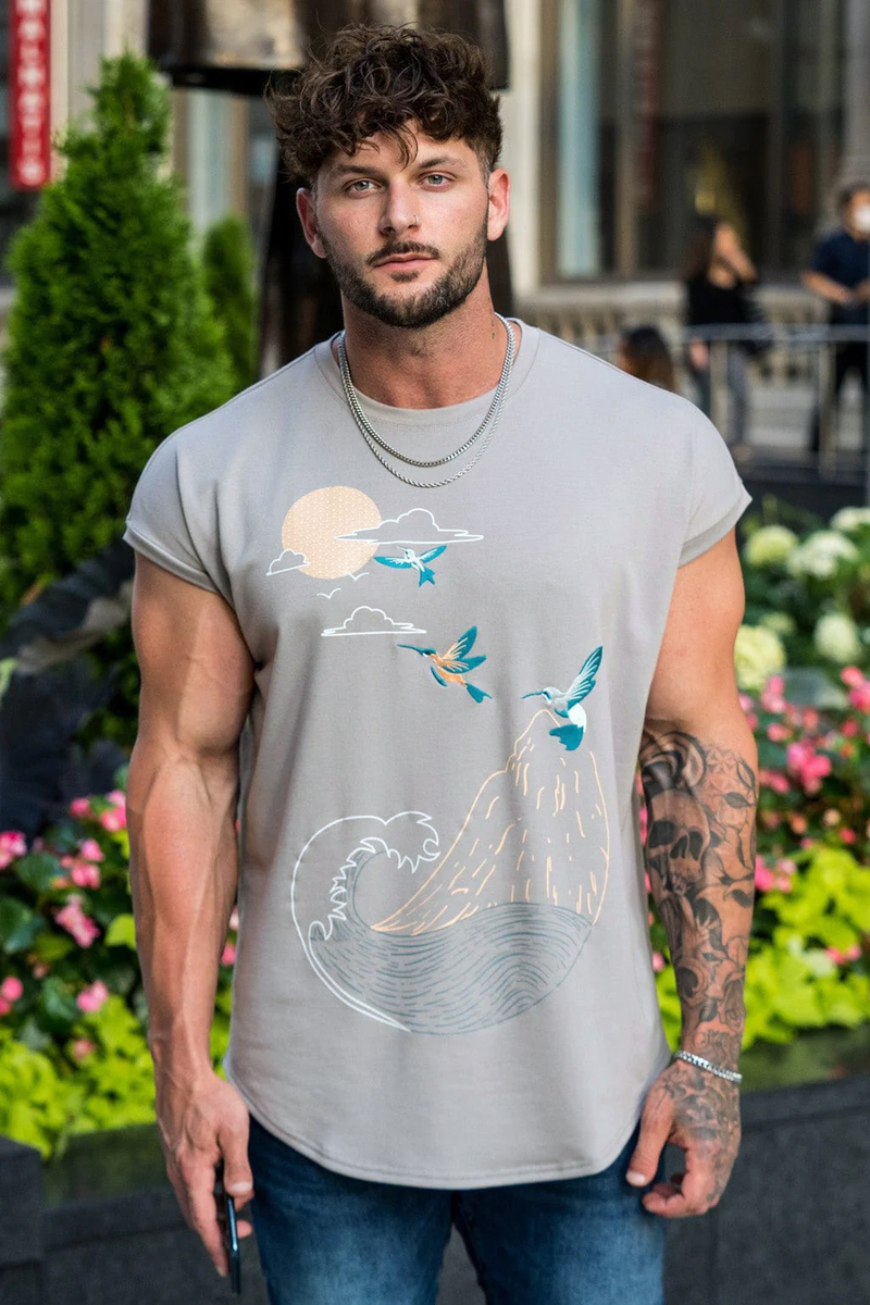 2023 Spring/Summer New Men's Sports, Leisure, Running, Exercise, Fitness Printing Cotton Elastic Loose Shoulder T-shirt_voghion.com