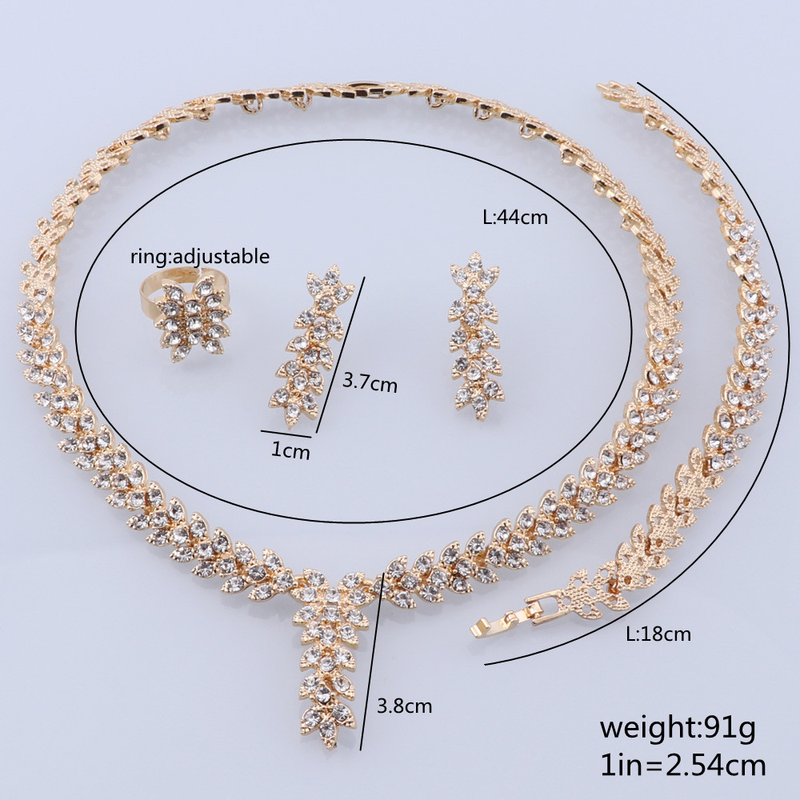 Leaf Shape Dangle Drop Party Crystal Earring Necklace Bracelet Ring Wedding Jewelry Set for Brides_voghion.com