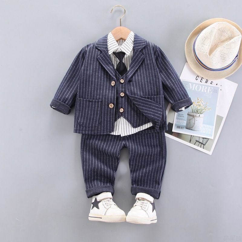 Korean Version Of Boys Striped Shirt Long Sleeved Tie Suit Children's Suit Vest Single Breasted Dress Jacket Four Piece Suit_voghion.com