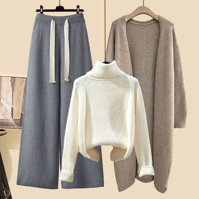 Damen Kleeder Hierscht Kostüm fir Fraen nei Mëtt Längt Cardigan Jacket mat héich Hals Pullover schlank breet Been Hosen Dräi Stéck Kostüm_voghion.com