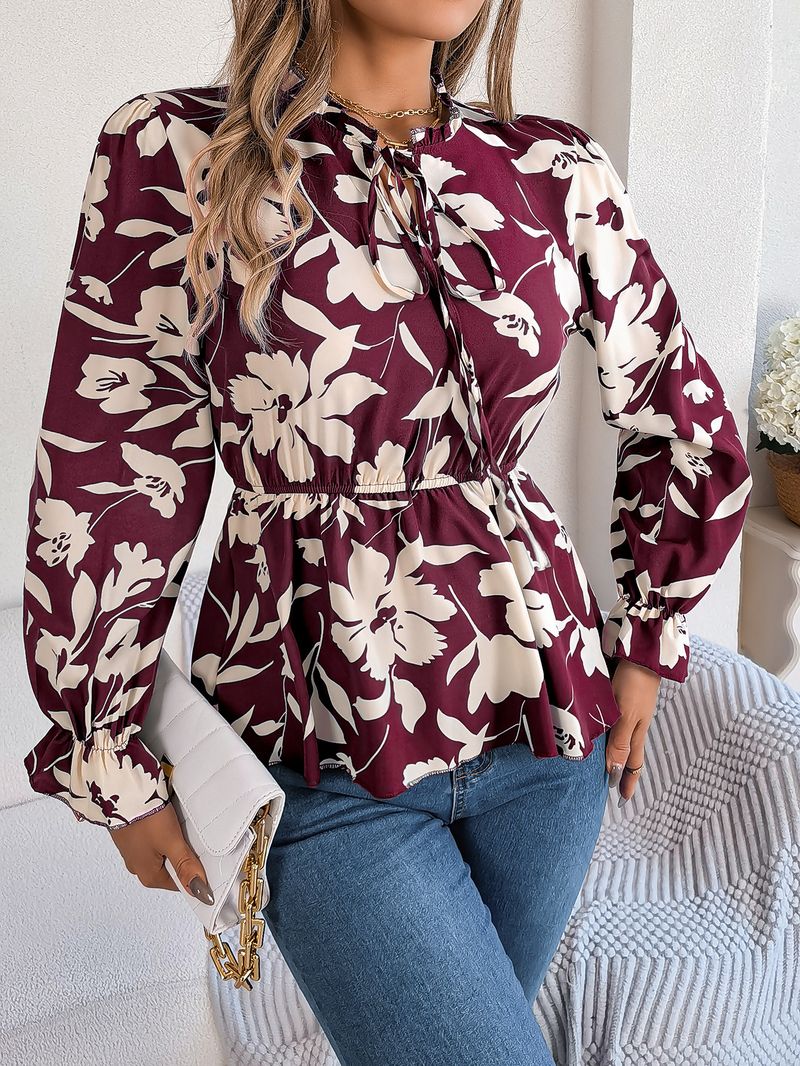 2025 herbst Winter Neue Casual Floral Lace-Up Langarm Chiffon Bluse frauen Mode_voghion.com