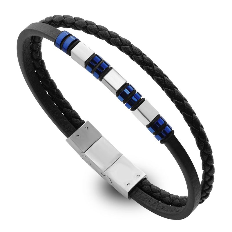 Bracciale commemorativo in pelle con corda rotonda magnetica, fibbia in acciaio inossidabile, anello in silicone a doppio strato da uomo nero_voghion.com