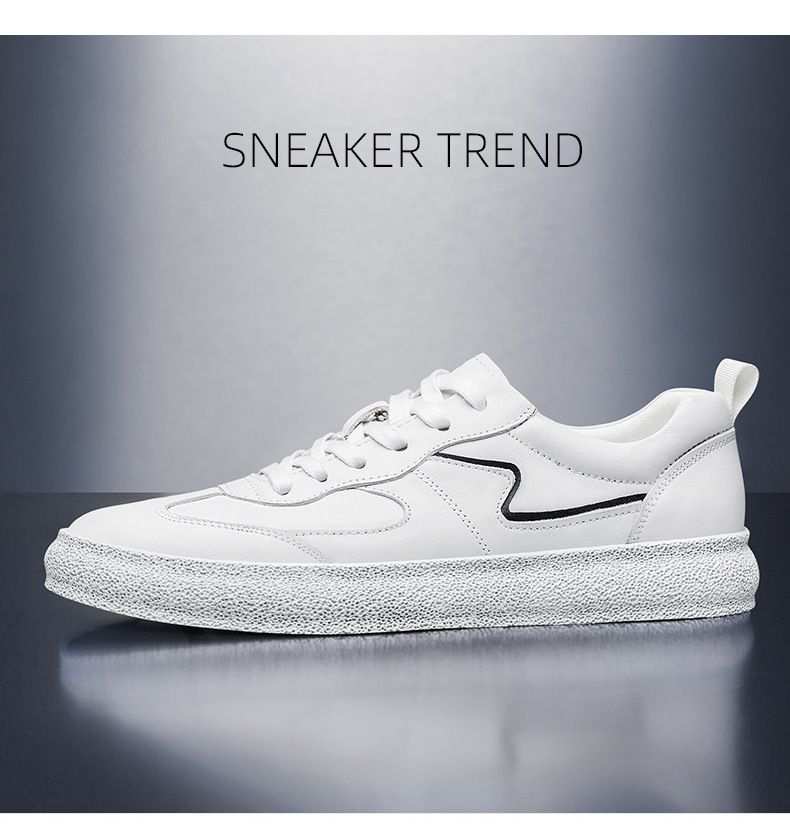 Men's Casual Lace-up Board Shoes Transparent First-layer Cowhide Shoes Shallow Mouth Round Head Flat Bottom White_voghion.com