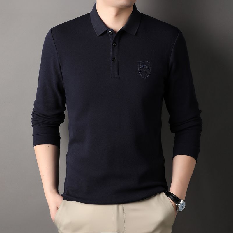 2024 new pure cotton men's polo shirt long sleeved t-shirt business casual loose collar top for men_voghion.com