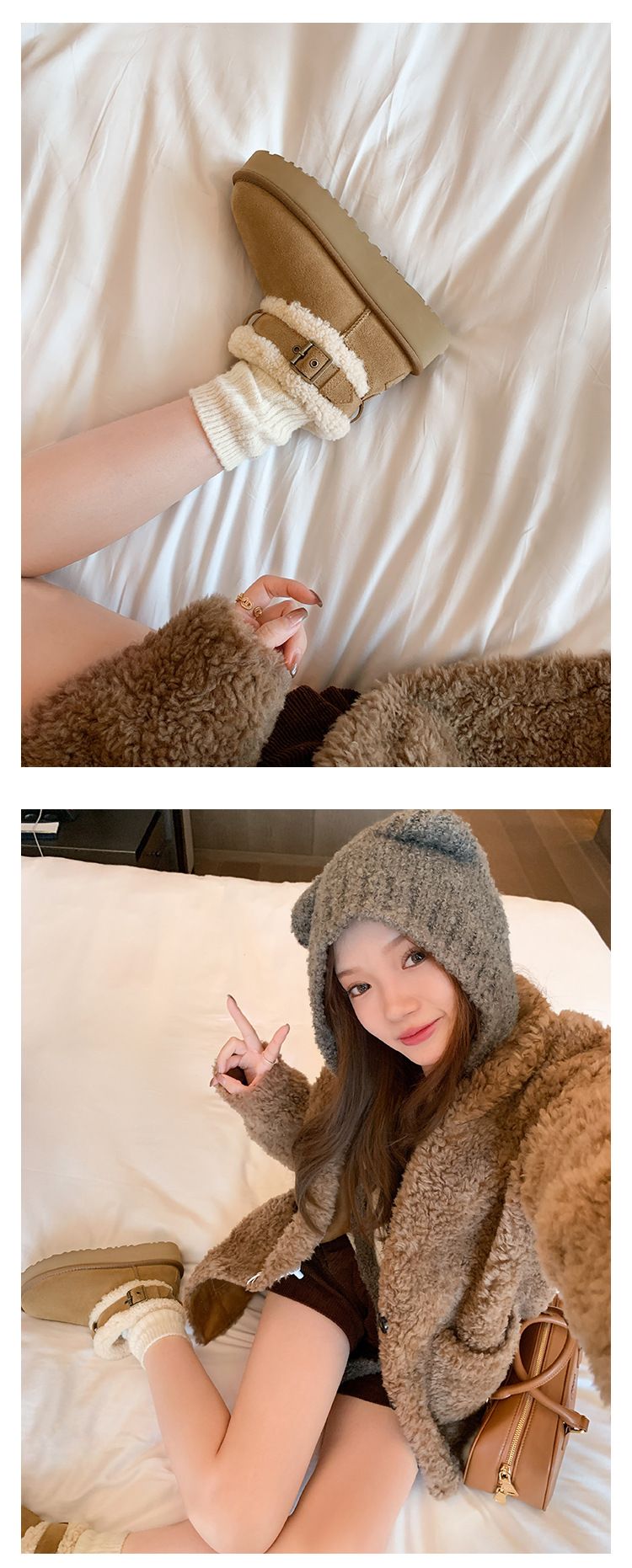 Botas de neve femininas ShoeGlobe Sheii Su Yinyin First Muse, cano curto, de lã e com sola grossa e quente._voghion.com